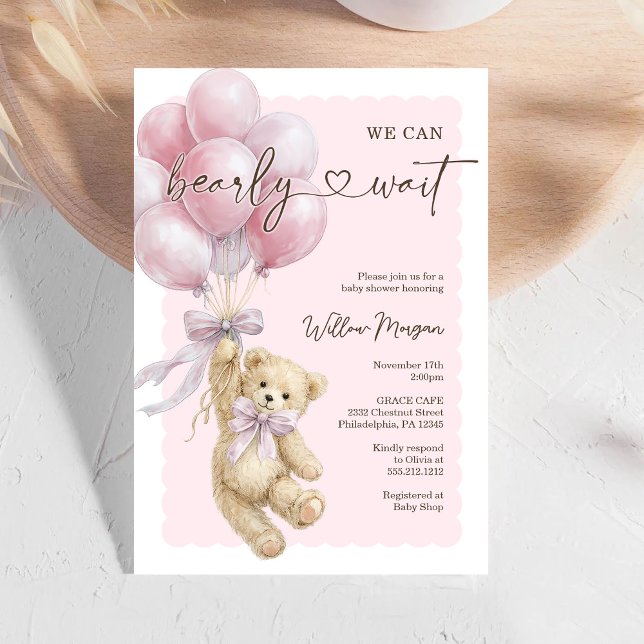 Invitation Little Bear Girl Baby Shower Teddy Bear Balloons (Créateur téléchargé)