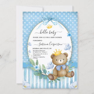 Invitation Little Bear Prince blue flower Baby boy Douche
