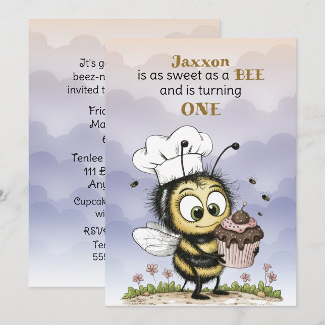 Invitation Little Bee Baby Boy First Birthday (Devant / Derrière)