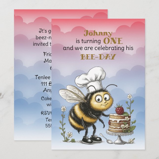 Invitation Little Bee Baby Boy First Birthday (Devant / Derrière)
