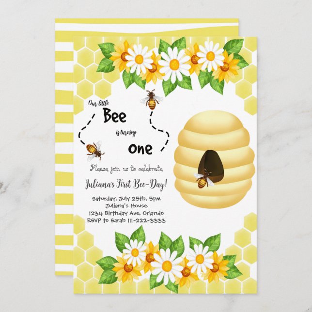 Invitation Little Bee First Bee Day 1er anniversaire Invitati (Devant / Derrière)