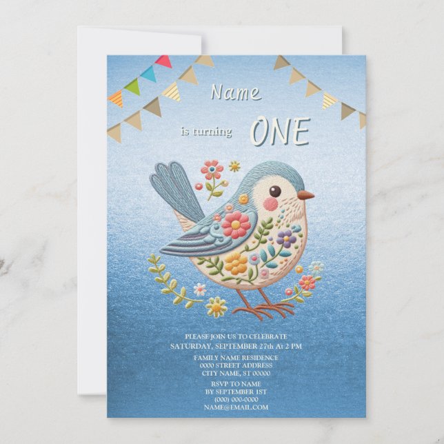 Invitation Little Bird Floral Blue Anniversaire Fête Invitati (Devant)