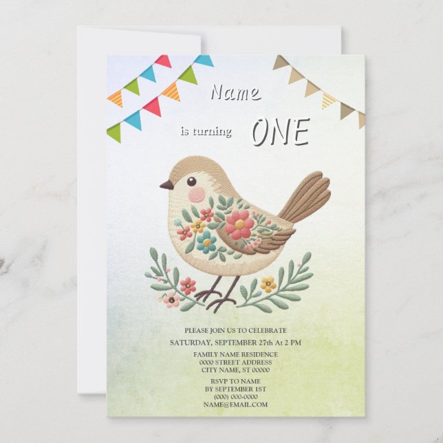 Invitation Little Bird Floral Gold Anniversaire Fête Invitati (Devant)