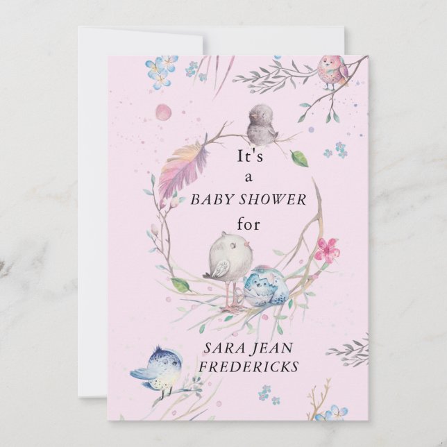 Invitation Little Birdies Baby shower rose personnalisé (Devant)