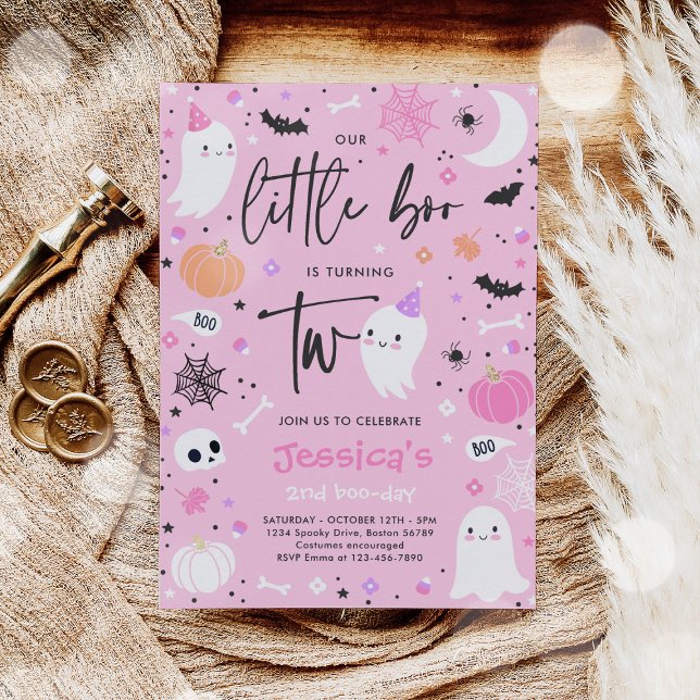 Invitation Little Boo Cute Pink Ghost 2e fête d'anniversaire (Créateur téléchargé)