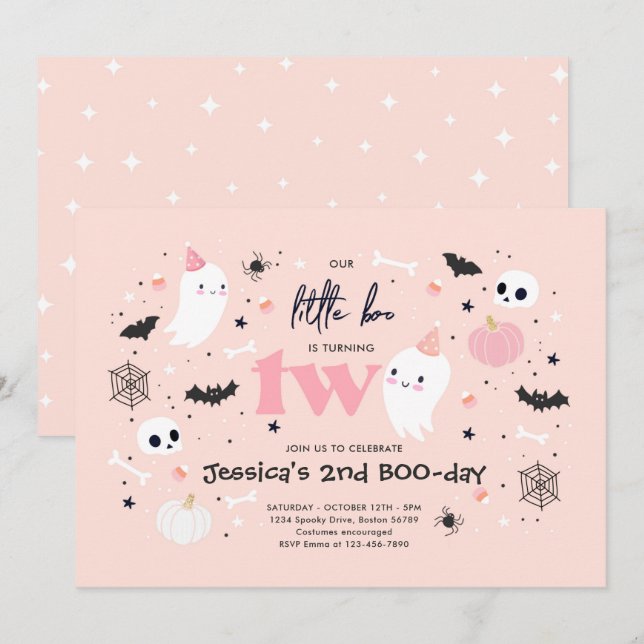 Invitation Little Boo Cute Pink Ghost Halloween 2e anniversai (Devant / Derrière)