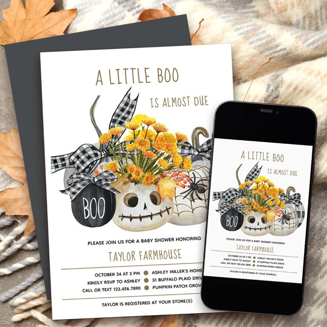 Invitation Little Boo Ferme Citrouille Halloween Baby shower (Little Boo Halloween Baby Shower Invitation with stylish farmhouse plaid and fall flowers
)