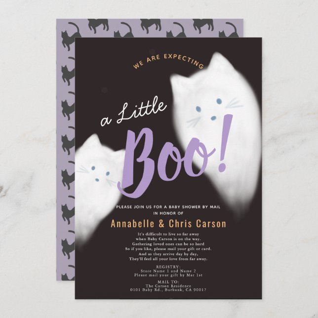 Invitation Little Boo Ghost Chat Halloween Baby shower par co (Devant / Derrière)