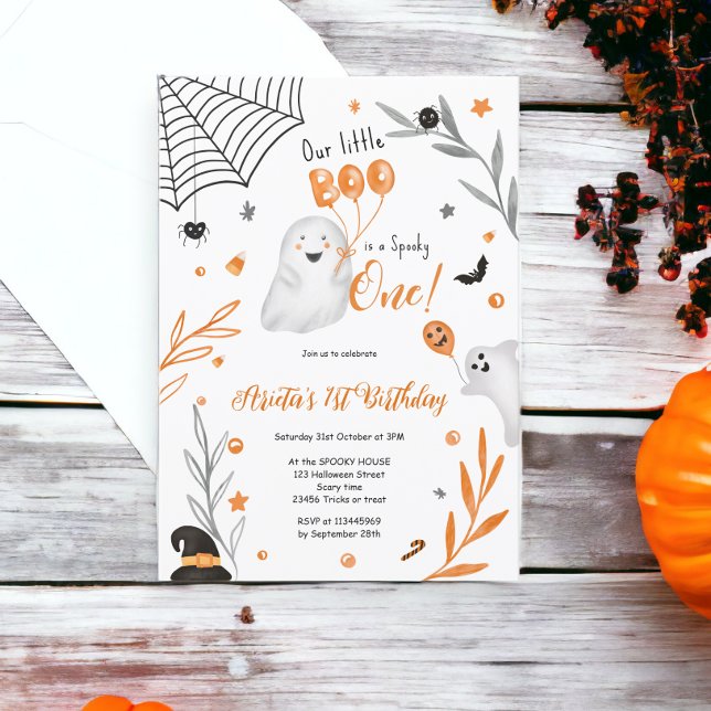Invitation Little Boo Halloween orange éffrayant 1er annivers (Little Boo Halloween orange spooky 1st birthday Invitation)