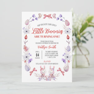 Invitation Little Bunnies tournent un, Floral Twins Anniversa