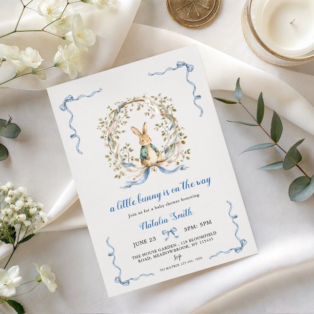 Invitation Little Bunny Baby Shower Invite | Blue Bow Rabbit (Créateur téléchargé)