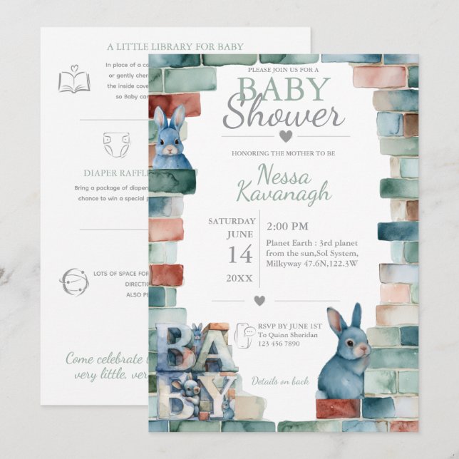 Invitation Little Bunny Blocks | Baby Shower (Devant / Derrière)