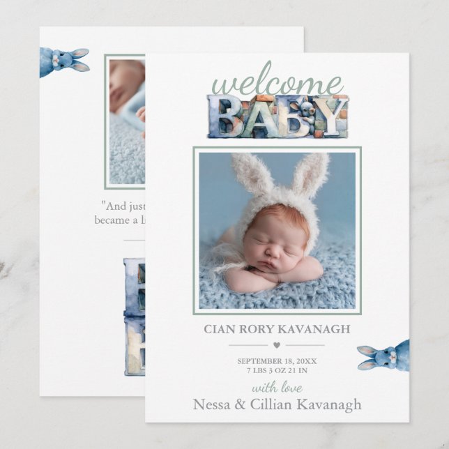 Invitation Little Bunny Blocks | Bienvenue (Devant / Derrière)