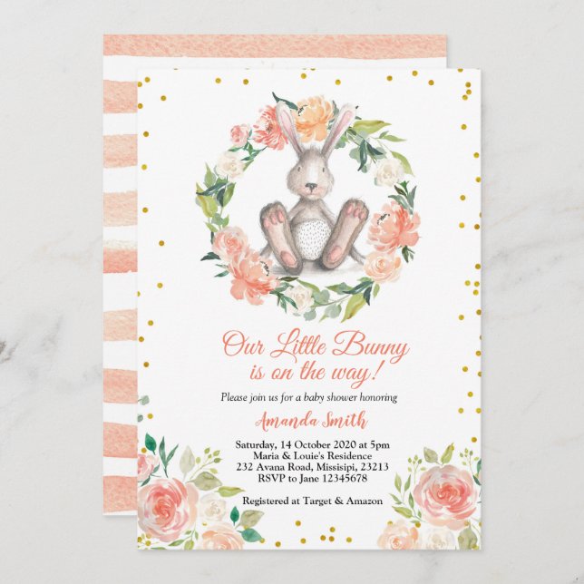 Invitation Little Bunny est en route pour le Baby shower de P (Devant / Derrière)
