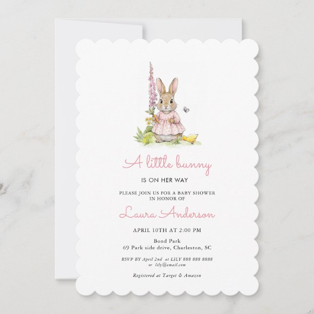 Invitation Little Bunny Pink Girl Baby Shower (Devant)