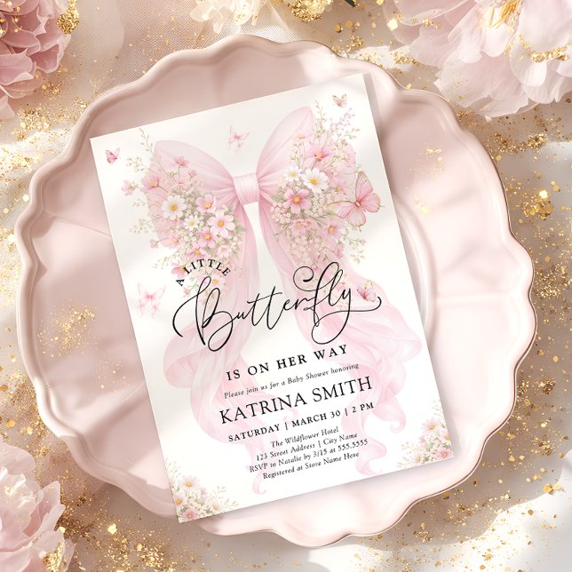 Invitation Little Butterfly Pink Bow Girl Baby Shower (Créateur téléchargé)