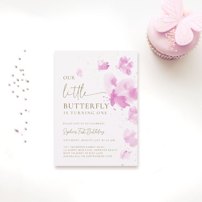 Invitation Little Butterfly Pink Budget 1er anniversaire (butterfly themed 1st birthday invitation girls pink watercolor one year fluttered by budget)