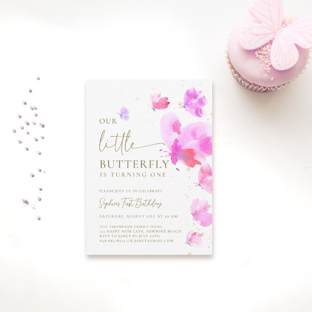 Invitation Little Butterfly Pink Purple Budget 1er anniversai (our little butterfly 1st birthday invitation girls pink purple watercolor garden tea party elegant)