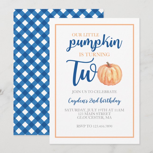Invitation Little Citrouille est deux Blue Fall 2e anniversai (Devant / Derrière)