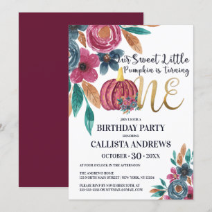 Invitation Little Citrouille Fall White Gold Floral 1er anniv