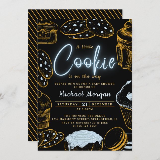 Invitation Little Cookie Baby Boy Baby shower bleu et noir (Devant / Derrière)