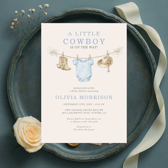 Invitation Little Cowboy Blue Clothesline Boy Baby Shower (Créateur téléchargé)