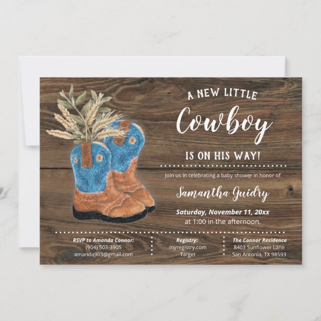 Invitation Little Cowboy Bootie Baby shower Brown en bois (Devant)