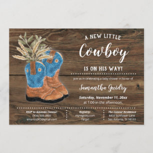 Invitation Little Cowboy Bootie Baby shower Brown en bois