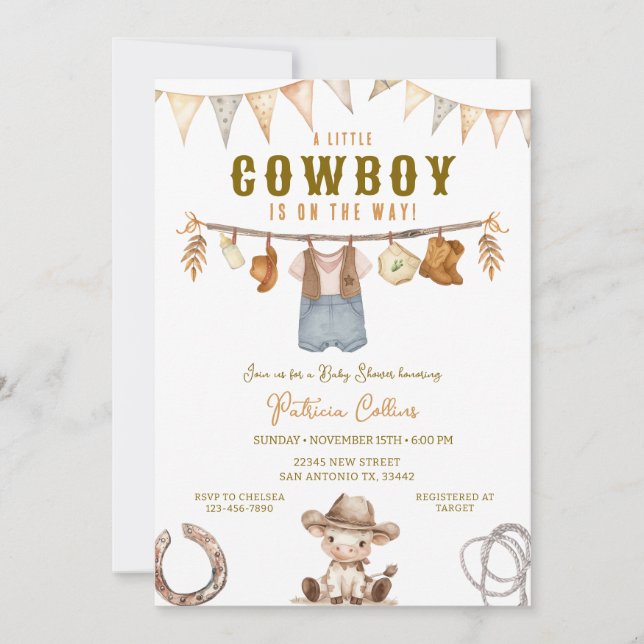 Invitation Little Cowboy est sur le Baby shower Way Clothline (Devant)