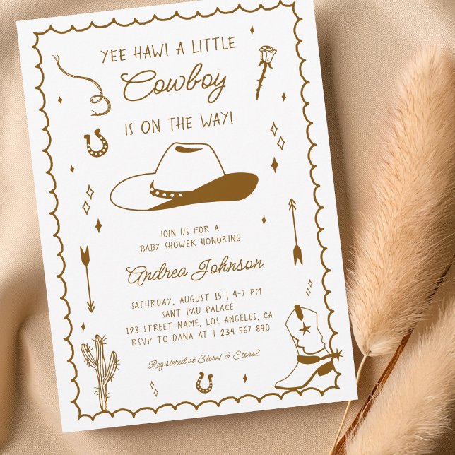 Invitation Little Cowboy Hand Drawn West Western Baby Shower (Créateur téléchargé)