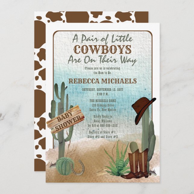 Invitation \Little Cowboys Western Boy Twins Baby shower (Devant / Derrière)