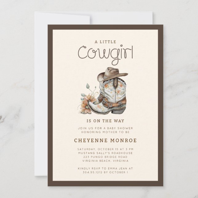 Invitation Little Cowgirl Baby shower occidental moderne (Devant)