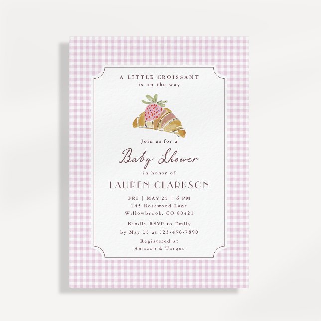 Invitation Little Croissant Pink Gingham French Baby Shower (Créateur téléchargé)