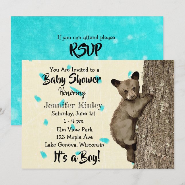 Invitation Little Cub Bear Turquoise et le Baby shower de Tan (Devant / Derrière)