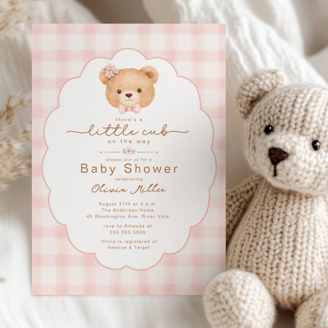 Invitation Little Cub Pink Gingham Baby Shower Invite (Créateur téléchargé)