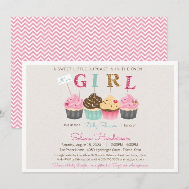 Invitation Little Cupcake C'est une fille Bébé Sprinkle ou Do (Devant / Derrière)