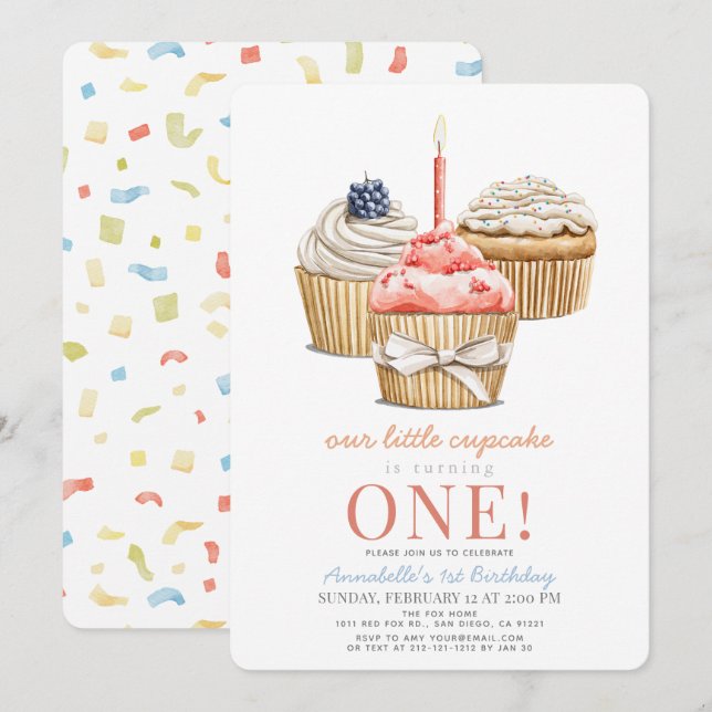 Invitation Little Cupcake Girl 1er anniversaire (Devant / Derrière)