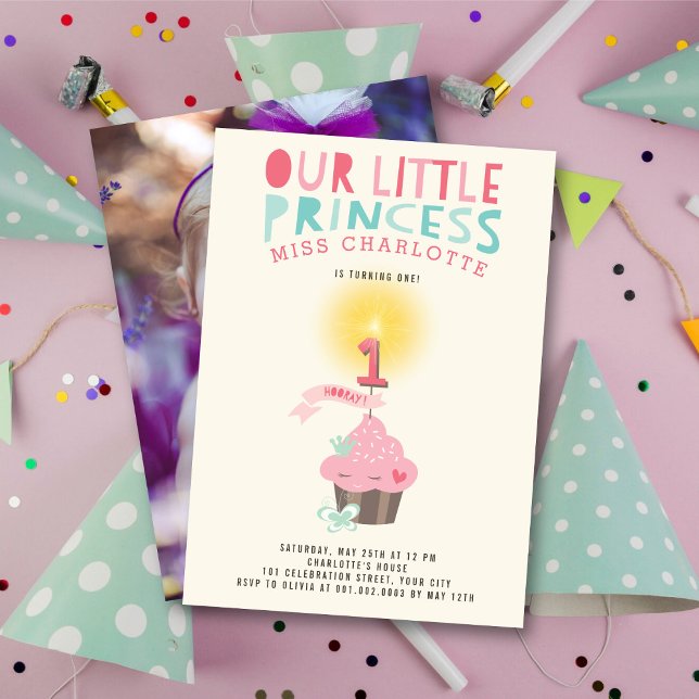 Invitation Little Cupcake Princess Girl's 1st Birthday Party (Little Miss Pink Cupcake Princess, Whimsical Girl's 1st Birthday Party Invitation @ fat_fa_tin)