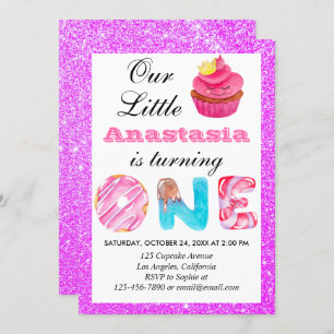 Invitation Little Cupcake Purple Parties scintillant 1er anni