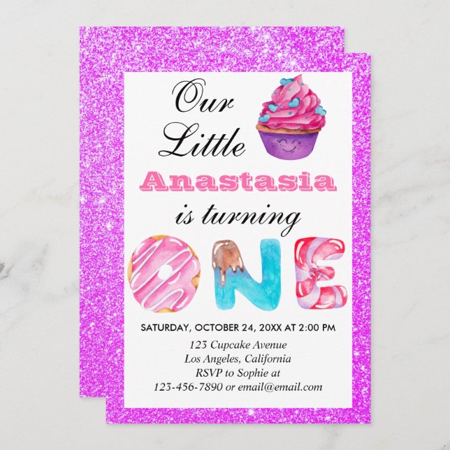 Invitation Little Cupcake Purple Parties scintillant 1er anni (Devant / Derrière)