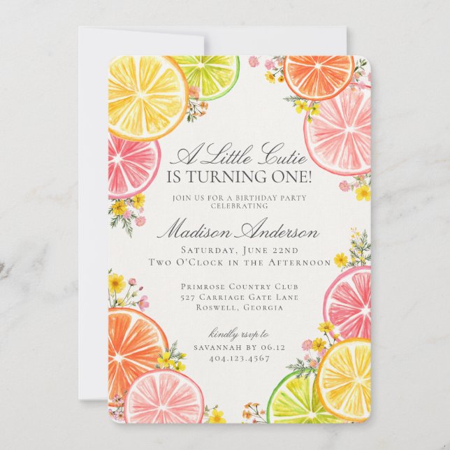 Invitation Little Cutie Citrus Floral Orange Fête d'anniversa (Devant)