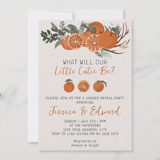 Invitation Little Cutie Citrus Orange Genre Revevela Party (Devant)