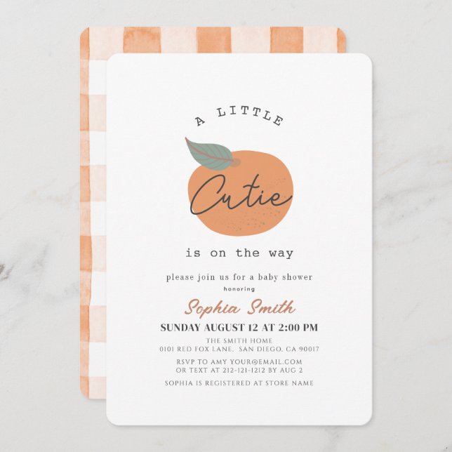 Invitation Little Cutie Orange Baby shower propre (Devant / Derrière)
