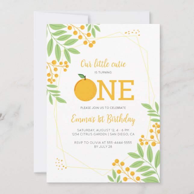 Invitation Little Cutie Orange Citrus 1er anniversaire (Devant)