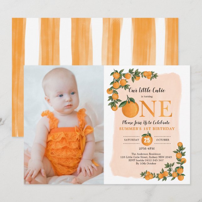 Invitation Little Cutie Orange Citrus 1er anniversaire Photo (Devant / Derrière)
