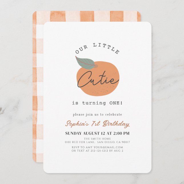 Invitation Little Cutie Orange Clean 1er anniversaire (Devant / Derrière)