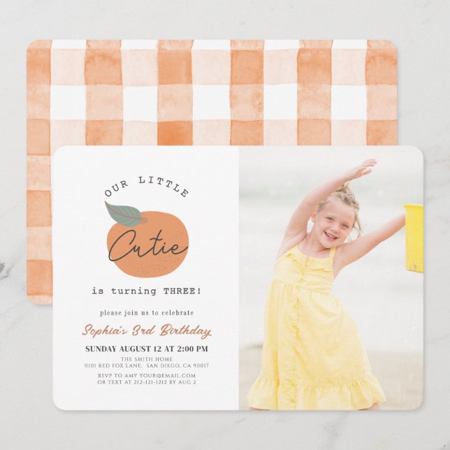 Invitation Little Cutie Orange Clean Anniversaire Photo (Devant / Derrière)