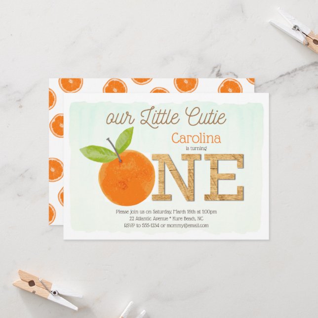 Invitation Little Cutie Orange Rustique 1er anniversaire fill (Devant/Arrière en situation)