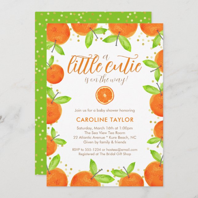 Invitation Little Cutie sur le chemin Orange Clementine Baby  (Devant / Derrière)