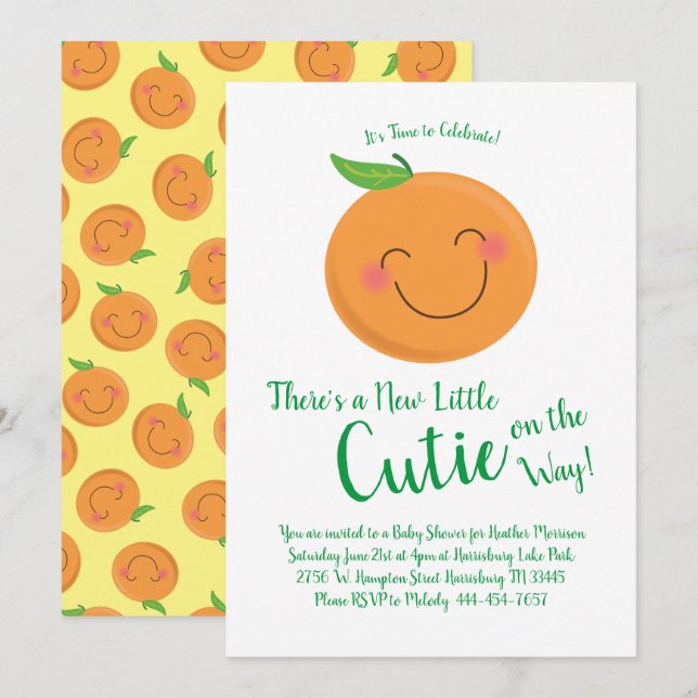 Invitation Little Cutie Tangerine Baby shower Genre Neutre (Devant / Derrière)